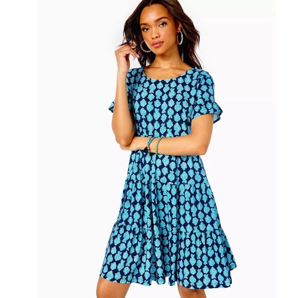 Lilly Pulitzer Jodee Short Sleeve Swing Dress Cotton Printed Ruffle L NWD 278977